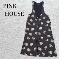 ピンクハウス 帽子柄 ノースリーブ ロングワンピース ドット柄 水玉模様 黒