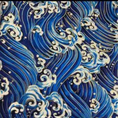 コットン　生地 ハギレ 布　和柄 波模様　プリント シーチング ブルー