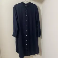 無印良品　リネンシャツワンピース　ネイビー M バンドカラー