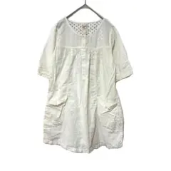 2590 サニークラウズ フェリシモ 麻 5分袖 ひざ丈ワンピース Mのサムネイル