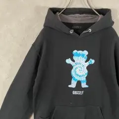人気カラー　グリズリー パーカー　ビッグプリント　裏起毛　古着　黒　IW15