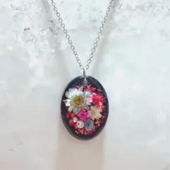 レジンネックレス 押し花 ドライフラワー パール オーバル型 ネイビー
