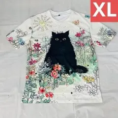 黒ネコTシャツ（XＬサイズ)春夏秋半袖ゆったりおおきめオーバーサイズ猫Ｔl102