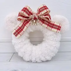 ホワイト耳付きクリスマスリース 毛糸 布ハンドメイド