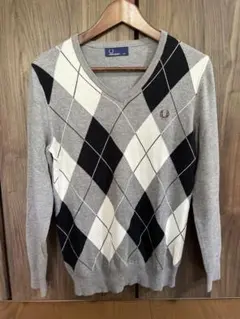 FREDPERRY　メンズ　アーガイル　セーター　長袖ニット　黒　グレー　XS