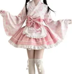 和風メイドコスプレ Mサイズ メイド服 ゴスロリ 姫袖 上下セット エプロン 帯