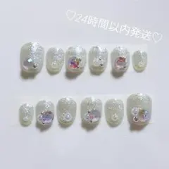 ネイルチップ ハンドメイド ユニコーンホワイト グリッター ストーン