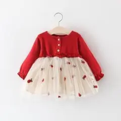 赤とクリームのフラワー刺繍ワンピース　結婚式　ワンピース　女の子　赤ちゃん