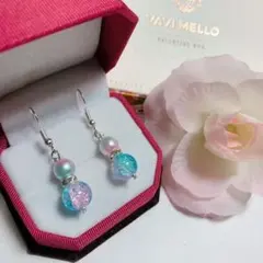 新品未使用 ブルーピンク ガラス玉×真珠玉 ピアス