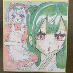 オリジナル　手書きイラスト　原画　グリーン　メイド　豆色紙