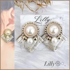 #531大ぶり/インド刺繍/パール/ゴールド/ハンドメイドピアス♦イヤリング