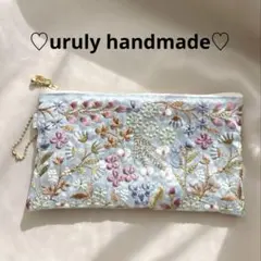 【再入荷リボン】水色パステル＊両面インド刺繍ポーチ×内布リバティタナローン
