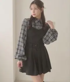 チェックシャツドッキングプリーツミニワンピース
