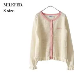 ミルクフェド/カーディガン/レース編み/配色/フリル/S/ショート丈/羽織り