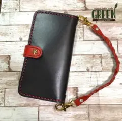 栃木レザー　ブラック×レッド　星スタッズ　iPhoneケース　　手帳型　セット