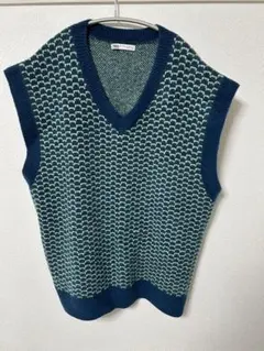 ZARA 幾何学模様 グリーン系 Vネック ノースリーブニットベスト