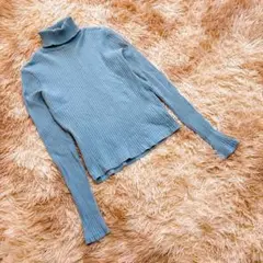 H&M（S）リブタートルネックトップス ライトブルー 長袖 シンプル 無地