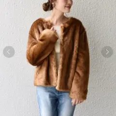 SHIPS シップス ノーカラーコート ミンク調エコファーショートコート