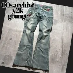 2000's flower embroidery flare jeans y2k