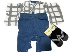 ベビー用袴ロンパース着物セット 80サイズ 白とグレーのチェック柄と青 靴下付き
