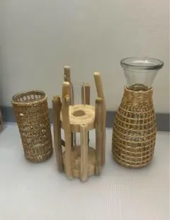 フラワースタンド ラタン　フラワー 天然木 木製 観葉植物 インテリア3点セット