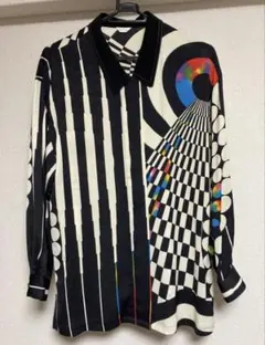 ヴィンテージ 長袖シャツ ゆるダボ アート 総柄 昭和レトロ ストライプ 古着