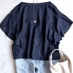 美品 ANAYI アナイ グレンチェック フリルブラウス リボン グレー M 