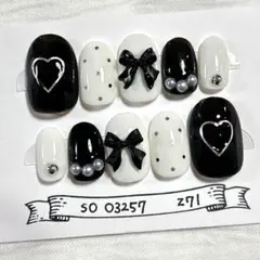 ふねいる #Z71 ガーリーネイル モノトーン リボン ハート 黒 BLACK