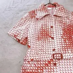 【昭和レトロ】幾何学模様 シャツワンピース 赤×白 ヴィンテージ ベルト付き