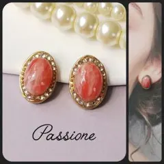 【一点物】ニュアンスピンク＆ストーン付ゴールドオーバル ピアス/イヤリング