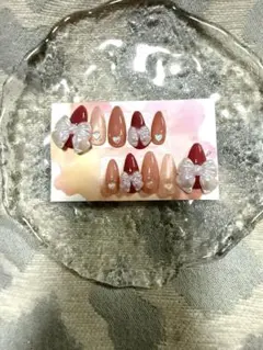 リボン アーモンド型 ネイルチップ パール ピンク