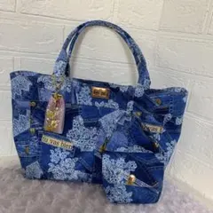 デニム花柄ミニポーチ付きトートバッグ