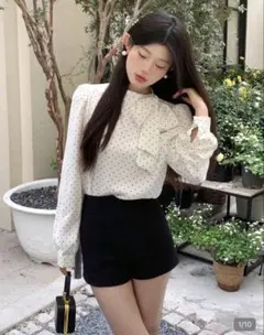 SHEIN シーイン ドット リボン アイボリー 長袖 ブラウス