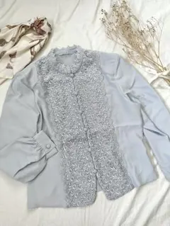 レトロ古着《レース使いスタンドカラーブラウス》ブルーグレー vintage