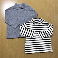 ベビー長袖Tシャツ 90ドット柄・ストライプ 2枚 ハイネック