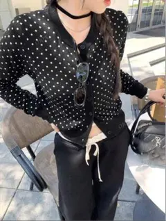 ドット柄 長袖カーディガン ブラック