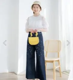 WILLSELECTION ビーズ装飾 ワイドレッグデニムパンツ