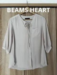 ビームス　ベージュ リボン付きボタンシャツ 7分袖