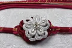 b-447 正絹帯締め　振袖　成人式　赤白飾り結び　花