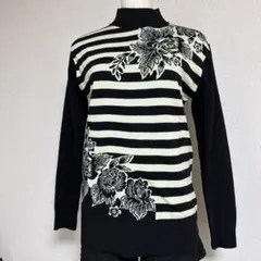 ニット ボーダー 花柄 ウール混 長袖 M相当