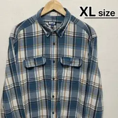 USA古着　フランネルシャツ　XL　グレーブルー　チェック柄　ボタンダウン　長袖