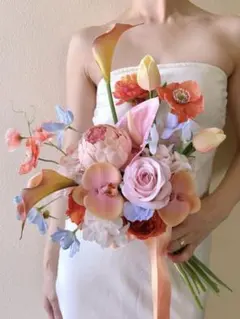 アーティフィシャルフラワー　ピーチ　水色　オレンジ　造花ブーケ　ウエディング