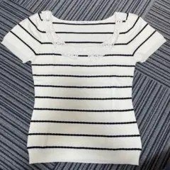 ストライプ柄レース装飾半袖Tシャツのサムネイル