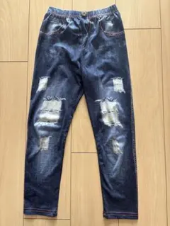 ダメージ加工 ダークブルー キッズパンツ 7Y