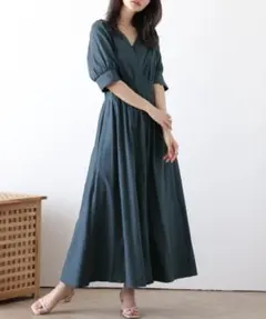 ワンピース リネン混フレアワンピース 半袖　ブルーグリーン