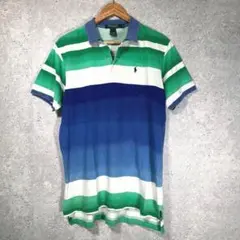 ▼80s ポロバイラルフローレン ポロシャツ 緑タグ ボーダー【XL】白 緑 青