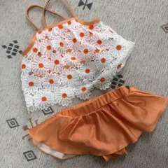 オレンジ 花柄レース ベビー水着　80センチ