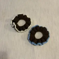 ハンドメイド シュシュ 2点セット ブラウン×ブルー / ブラウン×ホワイト