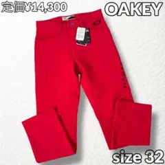 タグ付美品【OAKLEY】ゴルフパンツ 撥水 防寒 裏起毛 ロゴ刺繍 赤系 32