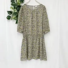美品✨ テチチ 花柄 ワンピース イエロー 日本製 フレア 七分袖 フェミニンのサムネイル